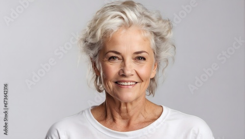 photo of a young beautiful smiling senior woman in a white T-shirt isolated on a white background