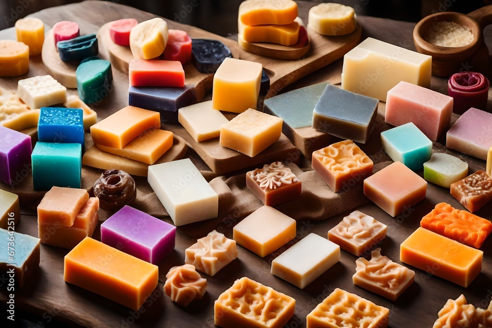 a table full of handmade soaps with different shapes and different colors a table full of handmade soaps with different shapes and different colors