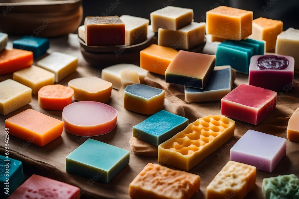 a table full of handmade soaps with different shapes and different colors a table full of handmade soaps with different shapes and different colors