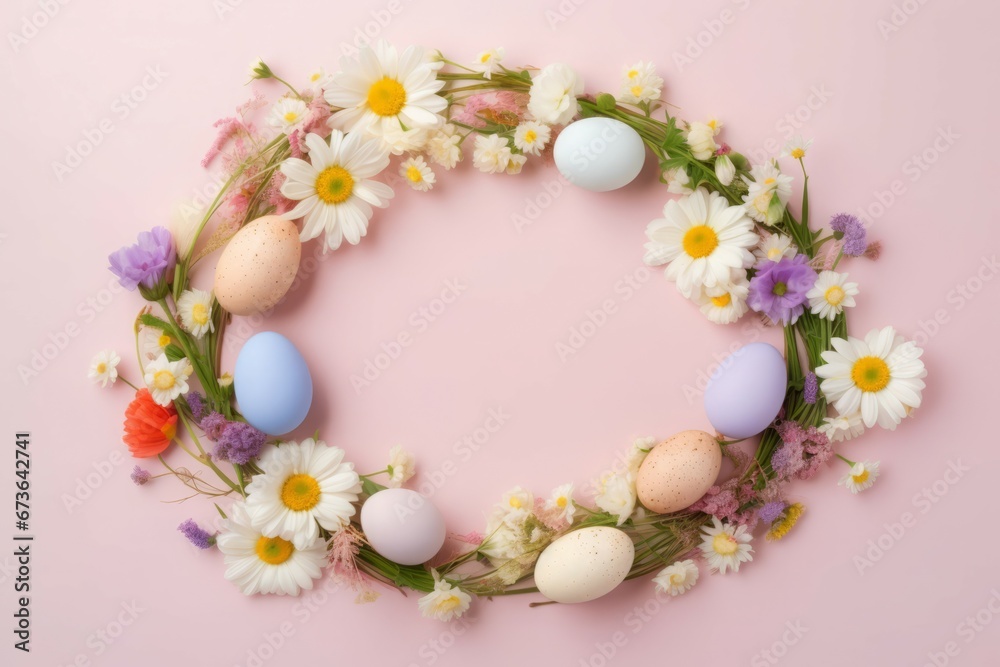 Easter eggs floral wreath. Hand tree frame happy card. Generate Ai