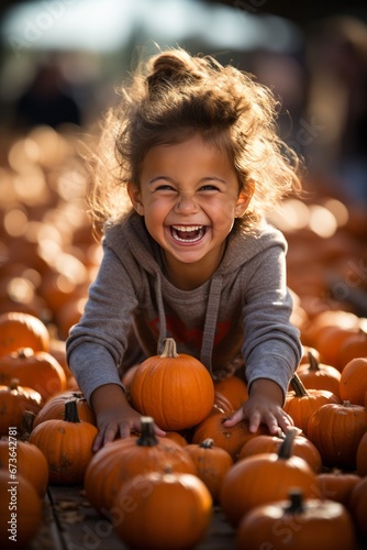 Child's happy face as they pick out a pumpkin from a fall-themed farmers market display, Generative AI