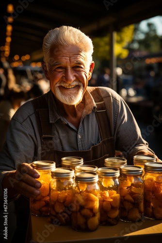Local beekeeper proudly showcasing jars of golden, raw honey at their market stand, Generative AI