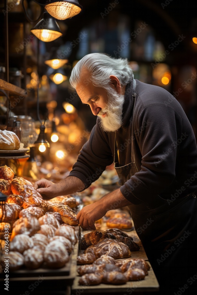 Shopper examining a selection of handcrafted artisan bread loaves at a bakery stall, Generative AI