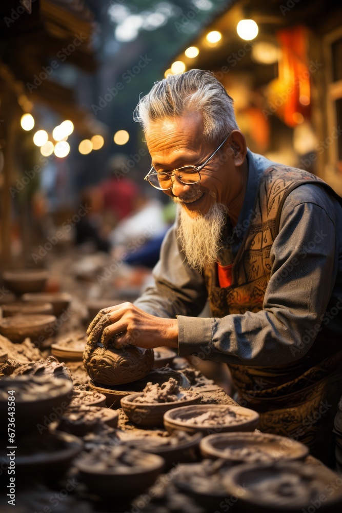 Skilled craftsman creating handmade pottery at a booth within the market, Generative AI
