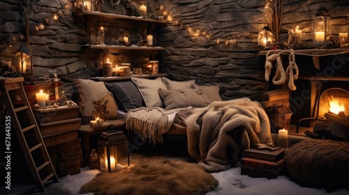 Beautiful warm winter cozy bed background with Christmas decoration at window in bedroom indoor design, Xmas tree, candles, decorated in house with sofa, blanket, pillows in vintage lifestyle house