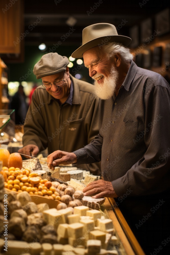 Vendor helping a customer choose the perfect wheel of artisanal cheese from their selection, Generative AI