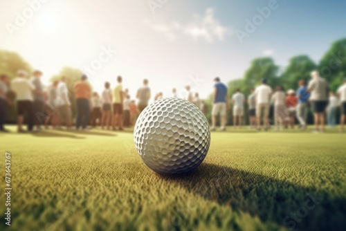 Golf ball green grass summer time. Outdoor recreation shot object round. Generate Ai photo