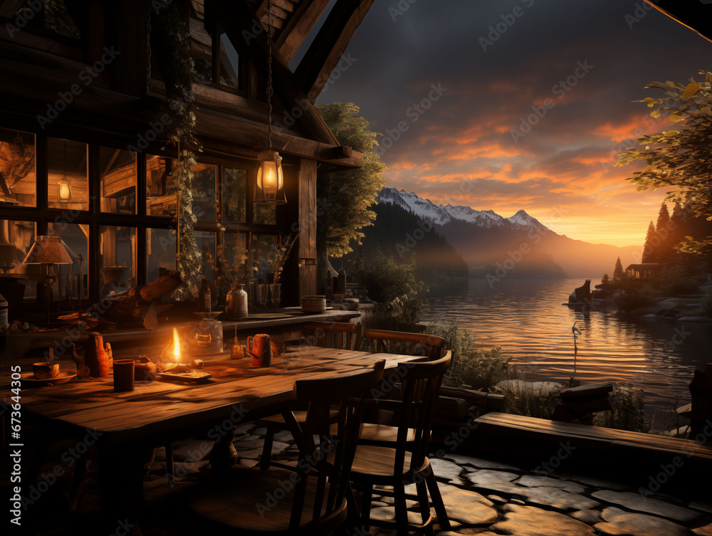 Restaurant on the shore of lake in the mountains at sunset.