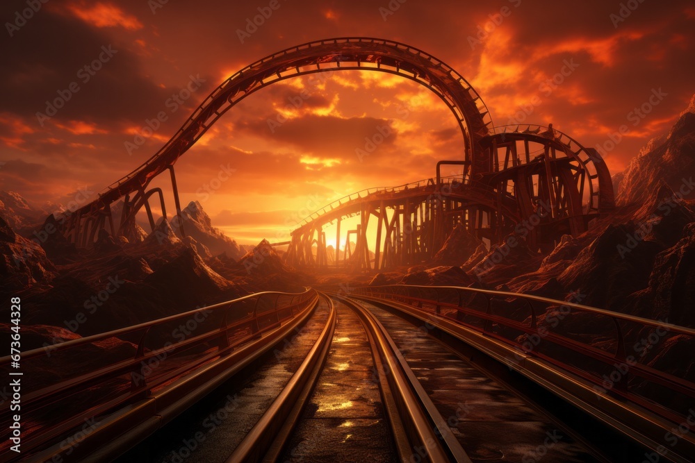 Roller coaster silhouetted against a stunning sunset sky, Generative AI