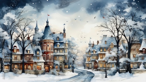 Watercolor Christmas Village Illustration, Merry Christmas Background ,Hd Background © Pic Hub