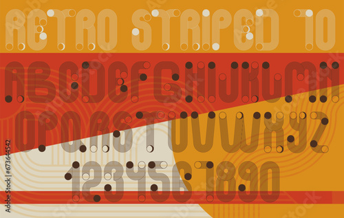 Retro stylized alphabet striped font. Modern boho minimalist letters and numbers with geometric shapes and zen arch bohemian silhouettes. Stock vector typography for headlines, posters in 70s style.