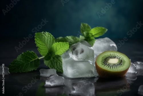 Kiwi fruit ice cubes background. Cocktail natural tasty food. Generate Ai photo