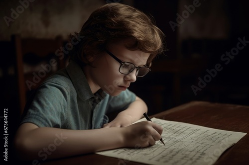 Boy doing math homework. Person book kid paper desk. Generate Ai