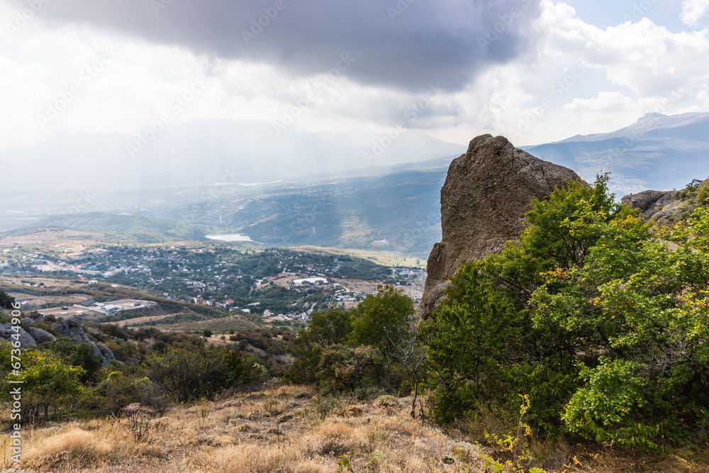 The sky above the mountain landscape of the Valley of Ghosts on the western slope of Mount Demerdzhi in Crimea