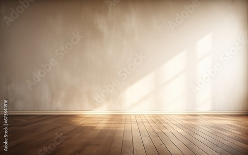Light beige empty wall with interesting light glare and shadows. Wooden floor. Minimalistic Interior background. © lanters_fla