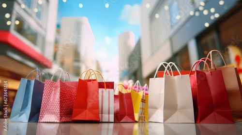 Vibrant shopping concept with colorful shopping bags scattered in a visually appealing manner, symbolizing successful shopping spree or a festive sale event. The excitement and joy of retail therapy.
