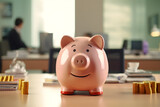 piggy bank sits amid stacks of coins on a busy office desk, where dedicated individuals work in the background, illustrating the balance of saving and productivit