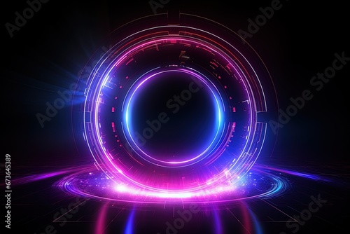 abstract futuristic background with pink blue glowing neon podium ring wave lines and bokeh lights. Data transfer concept Fantastic wallpaper