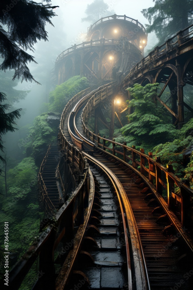 Obraz premium Roller coaster train full of excited riders cresting a steep hill, Generative AI