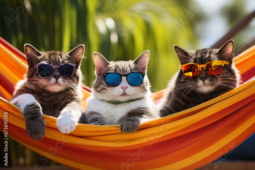 A family of cats relaxes in a hammock on the beach. photo