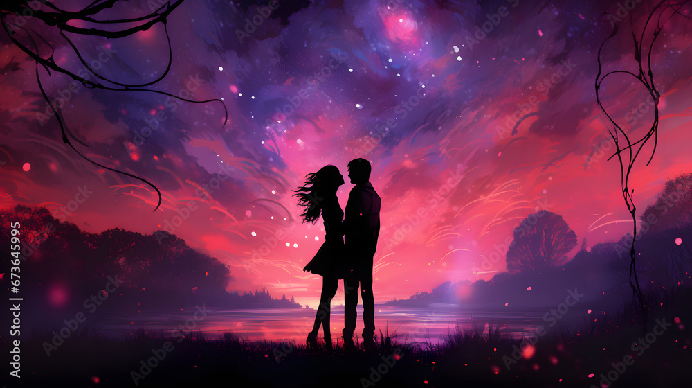 Fototapeta premium Romantic Couple Silhouette Standing in Front of Trees at Sunset with Pink Starry Night Sky, Valentine's Day Illustration Background