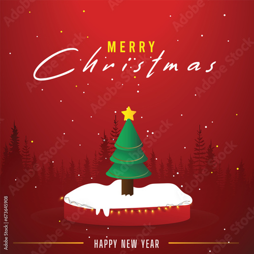 Happy New Year background. Green Christmas tree with star and box
