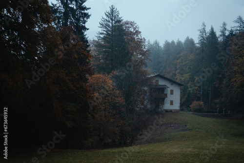 An isolated house in the forest near Lake Cei, at blue hour, in the Northern Italy, during a rainy autumnal day