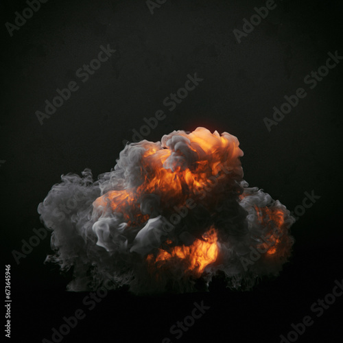 Explosion with thick dark smoke isolated on black background. 3d rendering digital illustration