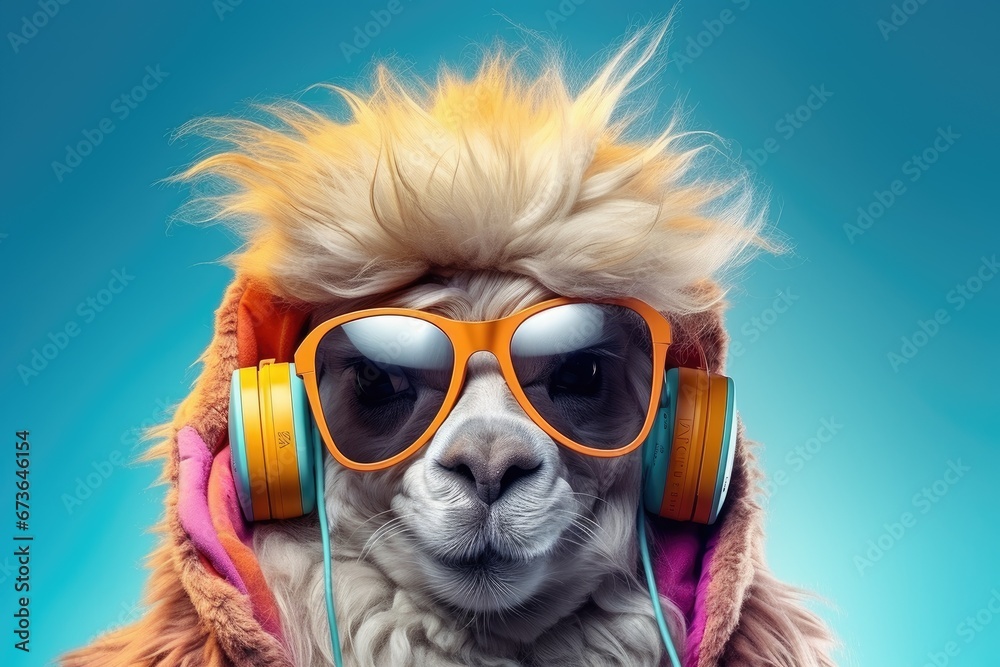 Animal wildlife alpaca wearing headphones. Generative Ai