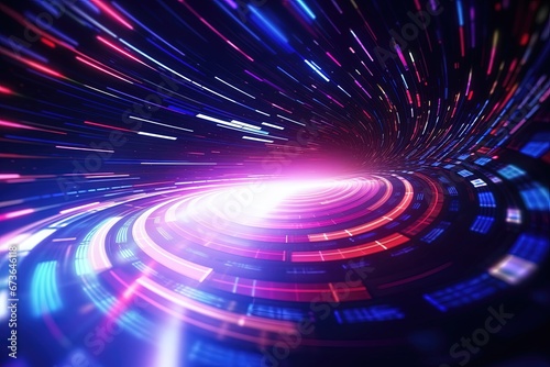 abstract futuristic background with pink blue glowing neon ring podium moving high speed wave lines and bokeh lights. Data transfer concept Fantastic wallpaper