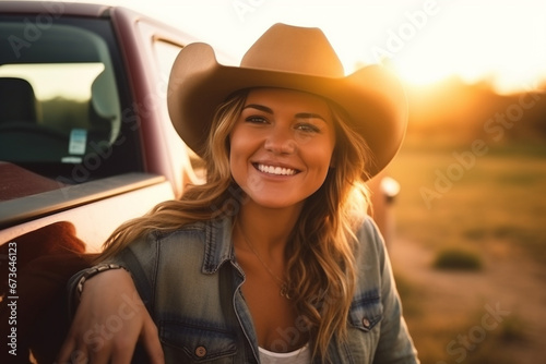 Beautiful young woman driver of a pickup truck wearing a cowboy hat. © serperm73