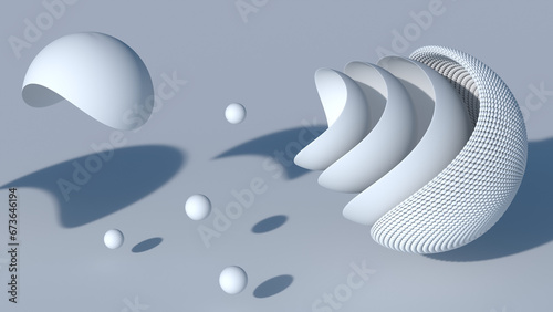 Minimalistic abstract modern 3d rendering of shells and balls shapes on a light background (ID: 673646194)