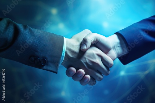 business people shaking hands against blue background, in the style of ferrania p30, photo-realistic compositions, textural richness, ominous vibe Generative Ai photo