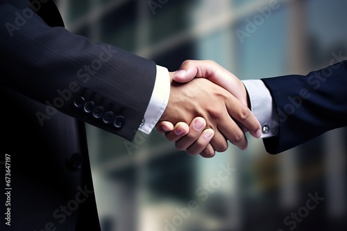 business people shaking hands against blue background, in the style of ferrania p30, photo-realistic compositions, textural richness, ominous vibe Generative Ai photo