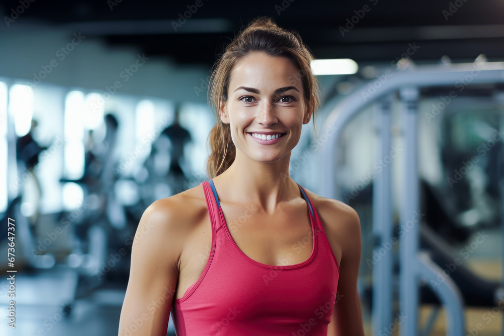 Portrait of a smiling beautiful woman in gym. Healthy lifestyle, fitness and sport.