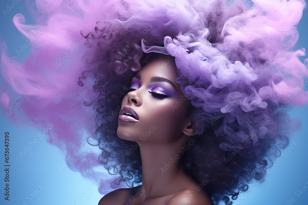 Beautiful African woman with a lush voluminous hairstyle in a cloud of colored smoke. Stylish portrait of a girl smoking a vape.