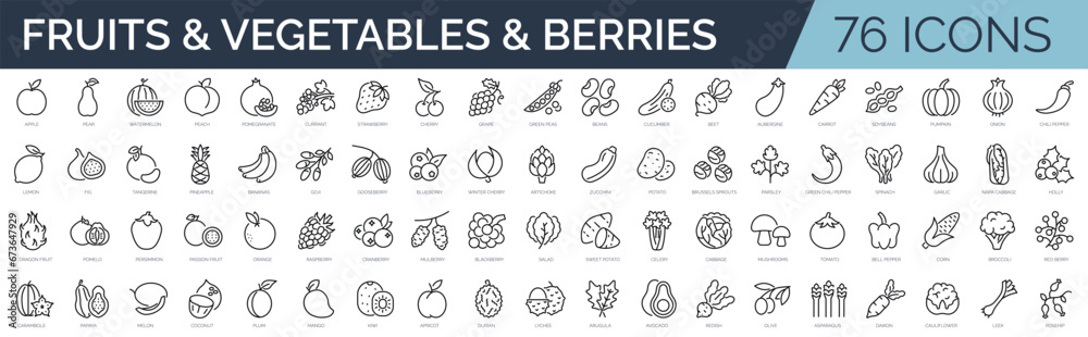 Set of 76 outline icons related to fruits, vegetables and berries. Linear icon collection. Editable stroke. Vector illustration - obrazy, fototapety, plakaty 