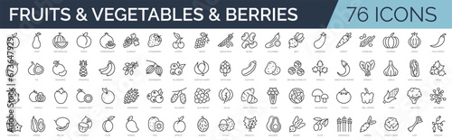 Set of 76 outline icons related to fruits, vegetables and berries. Linear icon collection. Editable stroke. Vector illustration