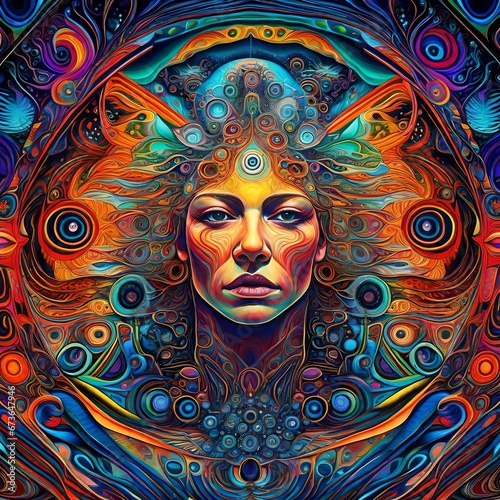 A Psychedelic face, Visionary, Surreal, Cosmic, Spiritual, Detailed bright colored painting style illustration poster