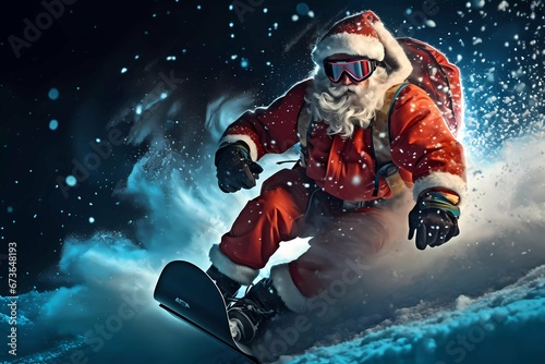 Merry Chrismas. Santa Claus snowboarding fast. Winter fairy scene with a chrismas atmosphere. Chrismas holyday postcard photo