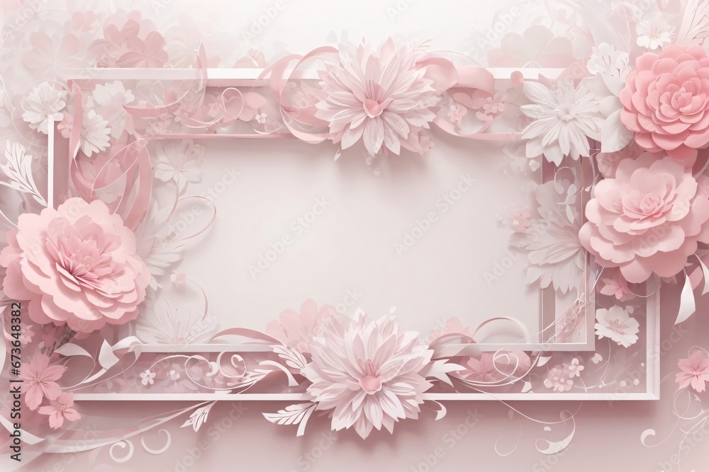 Background for party, birthday, wedding or graduation invitation in white color with floral frame with colorful decorations in soft art style. Generative Ai.