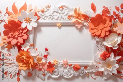 Background for party  birthday  wedding or graduation invitation in white color with floral frame with colorful decorations in soft art style. Generative Ai.