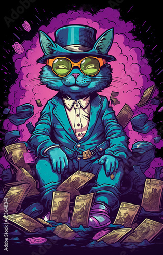 Rich King Boss Animal sitting on it`s throne wearing a classic purple suit and a lot of money fall arround