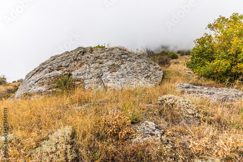 Mysterious mountain landscape of the Valley of Ghosts, a cluster of strangely shaped rocks on the western slope of Mount Demerdzhi in Crimea
