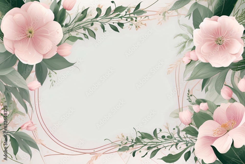 Background for party, birthday, wedding or graduation invitation in white color with floral frame with colorful decorations in soft art style. Generative Ai. - obrazy, fototapety, plakaty 