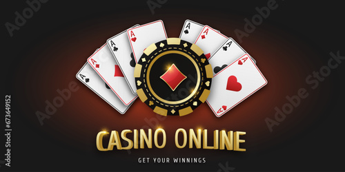 Casino online. Gambling token with suit diamonds. Concept poker or casino. Realistic playing chip coin and playing ace cards of all suits. Banner for web app or site. Vector poster for championship.