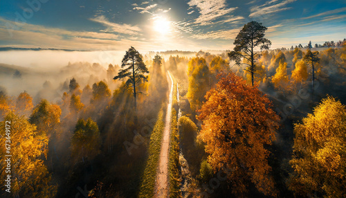 Paysage d'automne. Vue d'un drone au dessus d'un sentier forestier bordé d'arbres ,noyé dans la brume traversée par les rayons du soleil photo