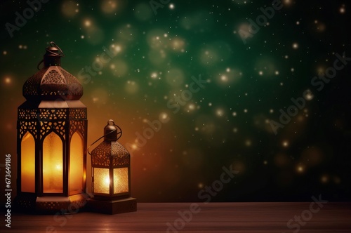Ramadan lantern glowing background. Holy lamp moon fabric fasting. Generate Ai