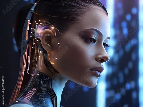Un perfil lateral futurista de una persona con un chip brillante incrustado en su sien, rodeado por una interfaz de computadora holográfica