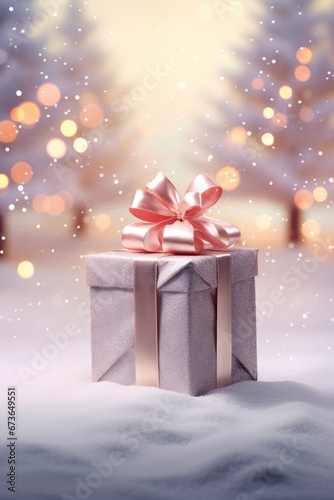 beautifully wrapped christmas gift in front of a sparkling xmas background